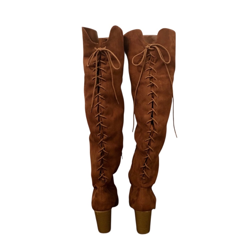 Rich Light Brown/Cognac Faux Suede Lace-Up Back Over-the-Knee Boots Size 10
